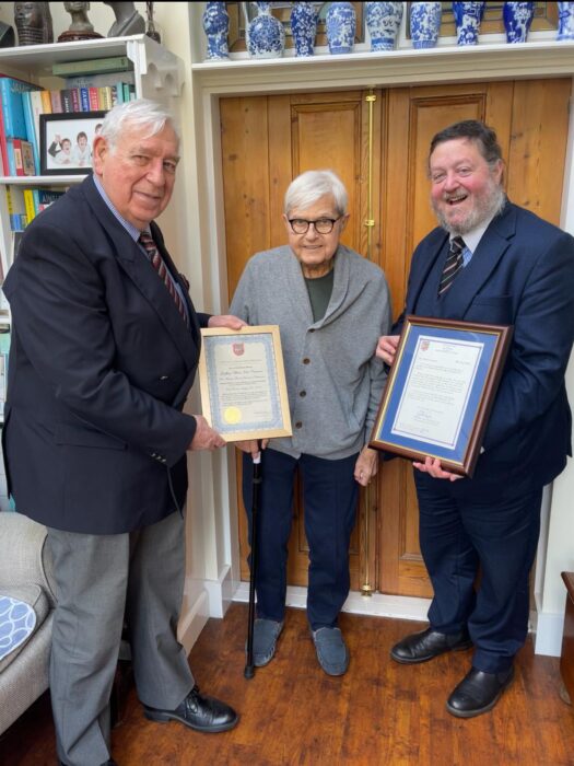 L to R: RW Peter Baker PProProvGM. W. Bro Geoffrey Cameron PAGDC and W. Bro Rabi Zvi Solomons AGChap.