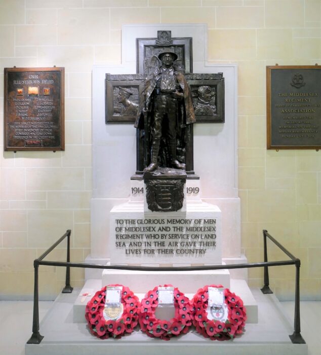 Memorial to the fallen of the Middlesex Regiment located at The Supreme Court formerly Middlesex Guildhall.