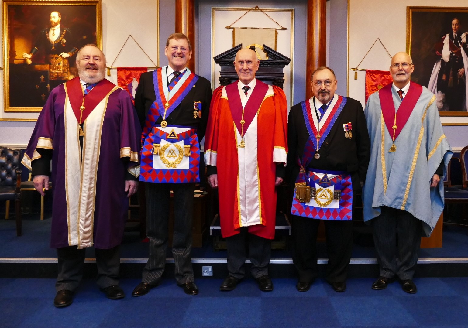 L-R: E. Comp Steve Heynes PPrGReg, E. Comp John Eynon, Deputy Grand Superintendent, E. Comp Mike Karn P3rdProvGPrin PAGSoj, E. Comp Dr John Hawkings PAGSoj and E. Comp Mark Heath PAGDC.